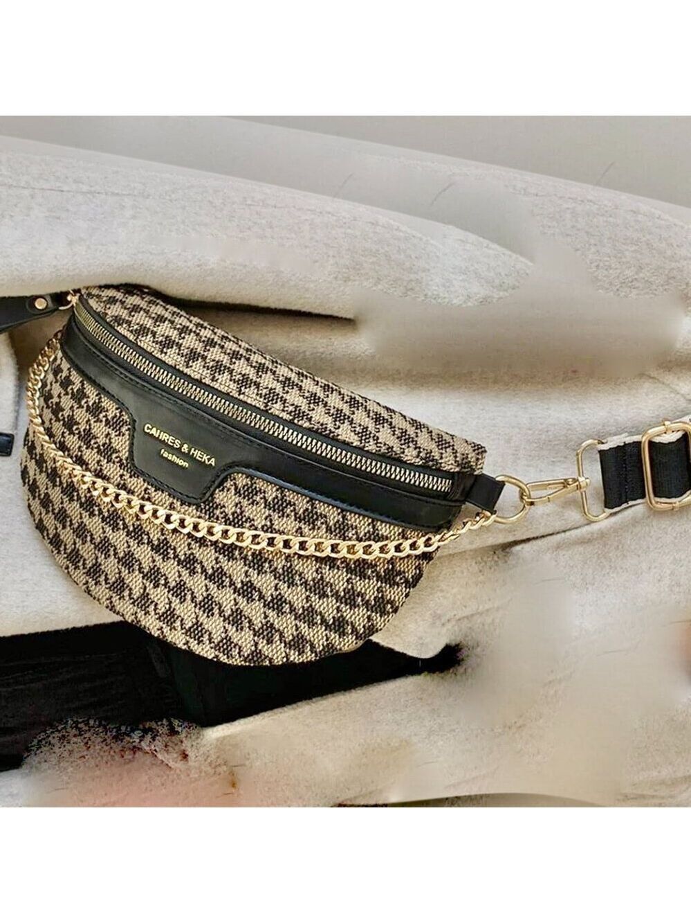 Cahres & Heka  Designer Crossbody Houndstooth Print Canvas Bag - Picture 9 of 14